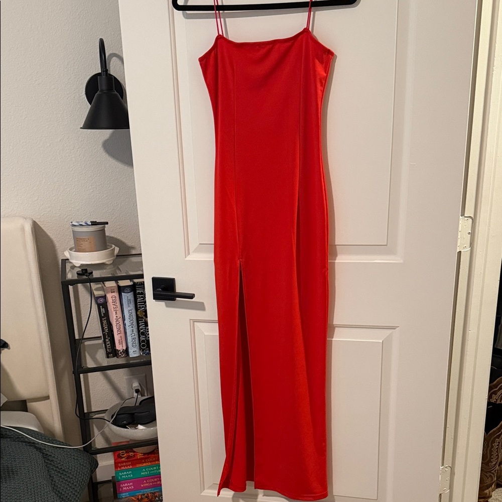 Satin Red Spaghetti-Strap Maxi Dress with Front Slit